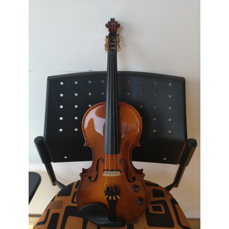 VIOLINO ELETTRICO 4/4 MADE IN EUROPE TOP ABETE MASSELLO ELETTRIFICATO PIOLI TASTIERA MENTONIERA ACERO + CASE + ARCHETTO USATO
