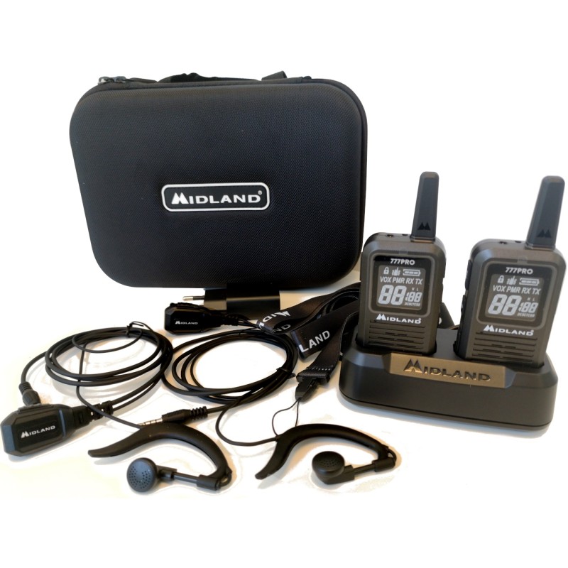 MIDLAND 777 PRO COPPIA WALKIE TALKIE BUNDLE AURICOLARI BATTERIE CARICABATTERIE ALIMENTATORE CAVO USB CUSTODIA