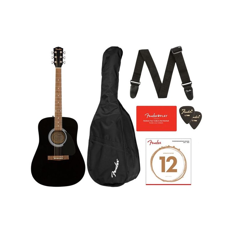 FENDER FA115 DREADNOUGHT PACK BLACK KIT CON CHITARRA ACUSTICA NERA BORSA TRACOLLA PLETTRI E LEZIONI ONLINE