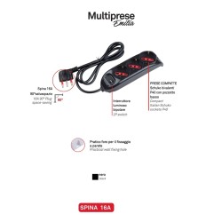 ROSI EMILIA RS94002 MULTIPRESA 3 USCITE SCHUKO+10A+16A INTERRUTTORE LUMINOSO CAVO 1.5MT