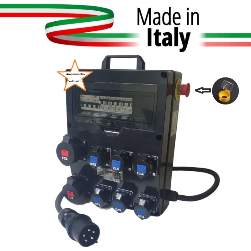 QUADRO CORRENTE POWERBOX SPINA 32A PENTAPOLARE TRIFASE 6 PRESE CEE 16A MONOFASE + 2 32A 5P 3 SPIE VOLTOMETRO AMPEROMETRO EMERGEN