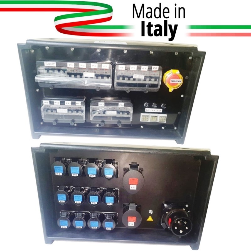 QUADRO CORRENTE POWERBOX SPINA 63A PENTAPOLARE TRIFASE 12 PRESE CEE 16A MONOFASE + 2 32A 5P 3 SPIE VOLTOMETRO AMPEROMETRO EMERGE