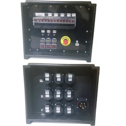 QUADRO CORRENTE POWERBOX SPINA 32A PENTAPOLARE TRIFASE 9 PRESE CEE 16A MONOFASE 3 SPIE VOLTOMETRO AMPEROMETRO EMERGENZA
