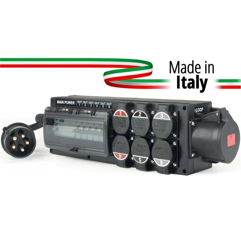 POWER-BOX SPINA 32A 5P IN + 32 OUT 3PH+N+E 400V LOOP + 6 PRESE SCHUKO 16A 3P IP54 - DOPPIA PROTEZIONE RCCB 40A + 6 MCB