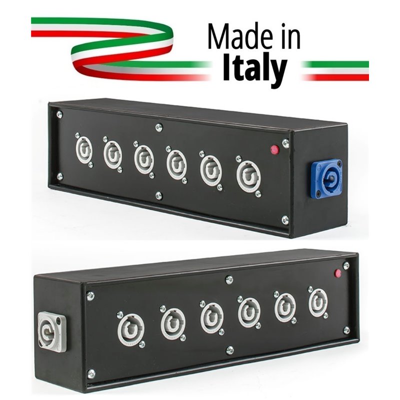 POWER-BOX NERO CIABATTA ALIMENTAZIONE PALCO POWERCON MADE IN ITALY SPIA RETE INGRESSO 16A 3P USCITE 6 20AMP POWER-OUT GREY LOOP 