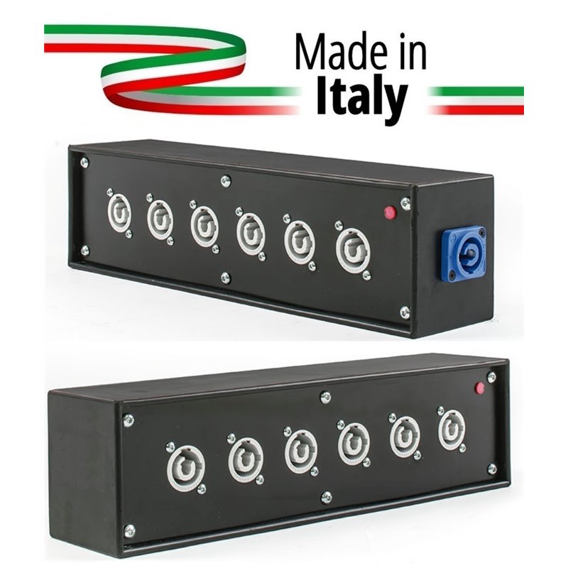 POWER-BOX NERO CIABATTA ALIMENTAZIONE PALCO POWERCON MADE IN ITALY SPIA RETE INGRESSO 20A NEUTRIK POWER-IN BLUE 6 20AMP POWER-OU