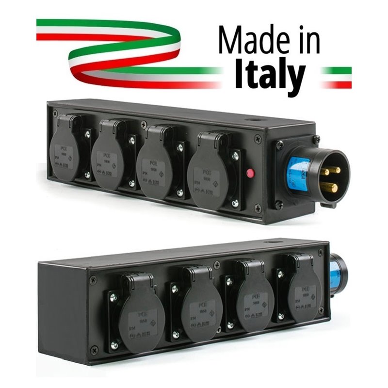 POWERBOX NERO CIABATTA ALIMENTAZIONE PALCO MADE IN ITALY SPIA RETE INGRESSO SPINA 16A 3P 4-USCITE SHUKO 16AMP 3P IP54