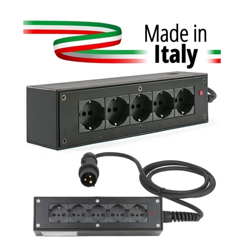 POWERBOX NERO CIABATTA ALIMENTAZIONE PALCO MADE IN ITALY SPIA RETE INGRESSO SPINA VOLANTE PCE 16A 3P+N+T USCITE 5 X SCHUKO 16A 3