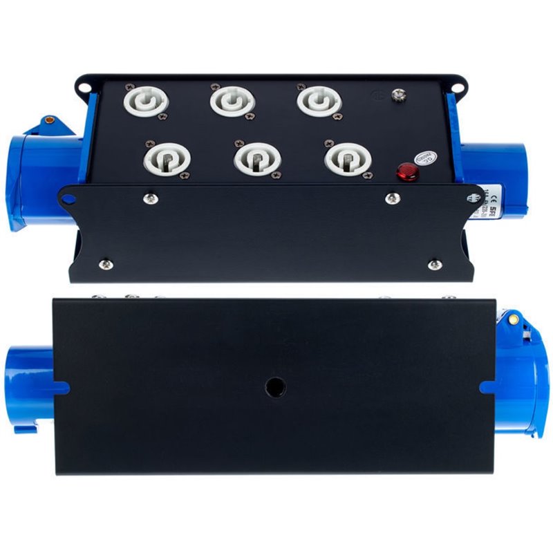 POWER-BOX NERO CIABATTA ALIMENTAZIONE PALCO POWERCON SPIA RETE INGRESSO 16A 3P USCITE 6 POWERCON 20AMP POWER-OUT GREY 16A LOOP O