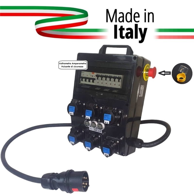 QUADRO CORRENTE POWERBOX PER LEDWALL SPINA 32A TRIFASE 6 PRESE CEE 16A MONOFASE 3 SPIE VOLTOMETRO AMPEROMETRO EMERGENZA INTERRUT