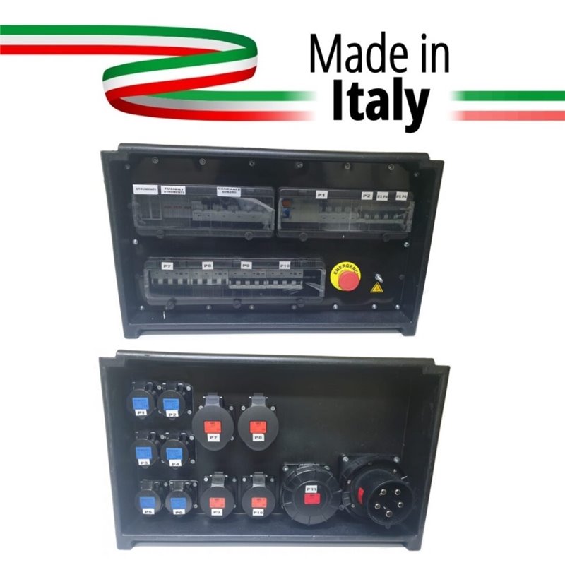 QUADRO CORRENTE POWERBOX SPINA 125A 6 PRESE CEE 16A MONOFASE + 2 32A 5P + 2 16A 5P + 1 63A + 3 SPIE VOLTOMETRO AMPEROMETRO EMERG