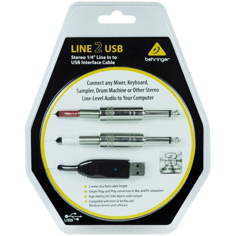 BEHRINGER LINE 2 USB INTERFACCIA AUDIO USB - 2 JACK 6.35MM 2 METRI 44.1/48 KHZ PER CHITARRA LINE2USB PLUG & PLAY PC MAC DAW