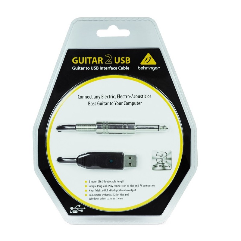 BEHRINGER GUITAR 2 USB INTERFACCIA AUDIO USB - JACK 6.35MM 5 METRI 44.1/48 KHZ PER BASSO-CHITARRA GUITAR2USB PLUG & PLAY PC MAC 