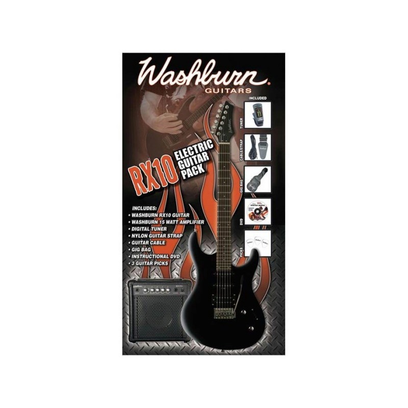 WASHBURN RX10 B PACK BUNDLE CHITARRA ELETTRICA COLORE NERO + AMPLIFICATORE 15 WATT + ACCORDATORE + CUSTODIA + TRACOLLA + 3 PLETT