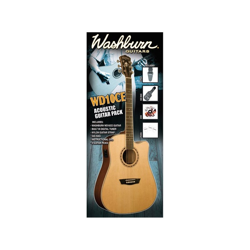 WASHBURN WD10-CE PACK BUNDLE CHITARRA ACUSTICA ELETTRIFICATA FISHMAN ISYS+ CON ACCORDATORE + CUSTODIA + DVD + PLETTRI