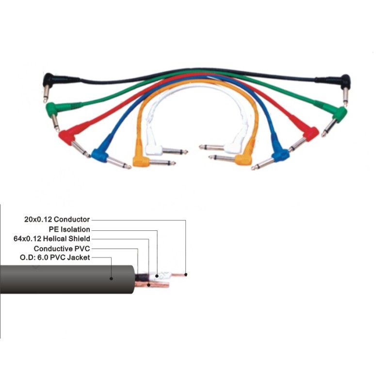 EXTREME JCJC01 CAVO JACK CURVO MONO-JACK CURVO MONO 1/4" 6.3mm 0,1 MT SET 6 CAVI COLORATI