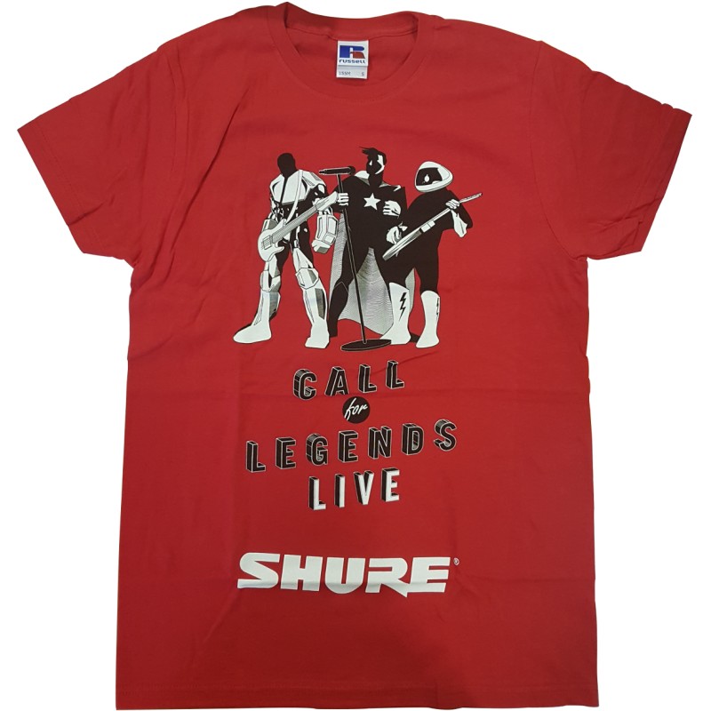 SHURE MAGLIETTA ROSSA CALL FOR LEGENDS LIVE T-SHIRT BRAND SHURE SCRITTA BIANCA SU SFONDO ROSSO