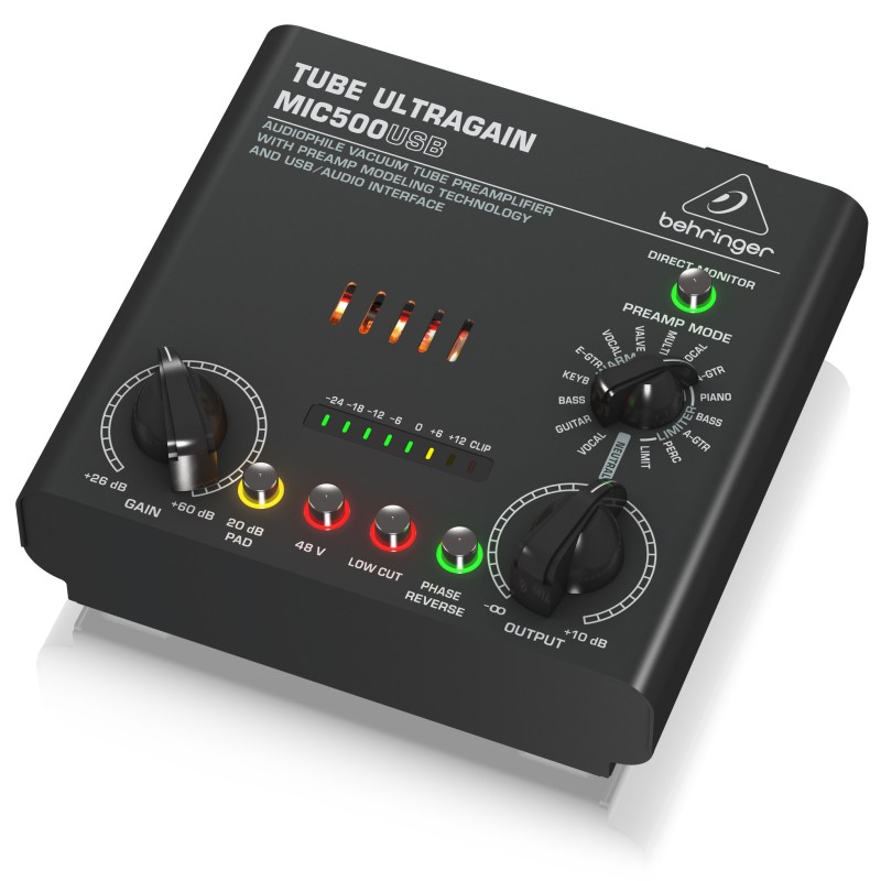 BEHRINGER MIC500-USB TUBE ULTRAGAIN PREAMPLIFICATORE MICROFONICO VALVOLARE LIMITER 16 PRESET INTERFACCIA AUDIO USB