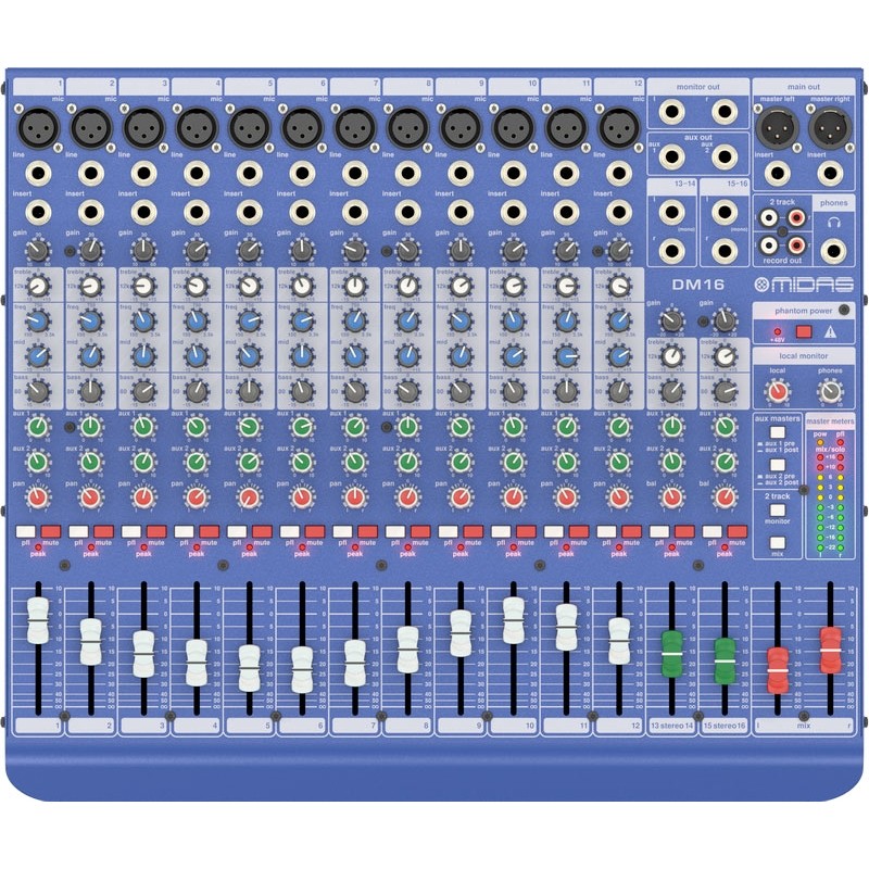 MIDAS DM16 MIXER LIVE E DA STUDIO 16 CANALI 12 MICROFONICI + 2 STEREO 2 AUX SEND EQ 3 BANDE MEDIO SEMI PARAMETRICO PHANTOM POWER
