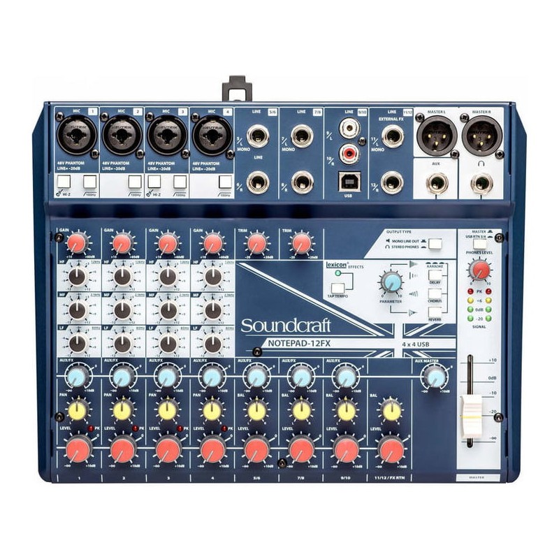 SOUNDCRAFT NOTEPAD-12FX MIXER 12 CANALI USB EFFETTI LEXICON PHANTOM POWER +48V 4 MIC INPUT