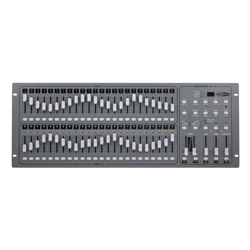 SHOWTEC SHOWMASTER 48 MK2 CENTRALINA LUCI MIDI DMX 48 CANALI 24+24 PRESET 96 SCENE 23976 PASSI LOOP MONTAGGIO RACK ALIMENTATORE