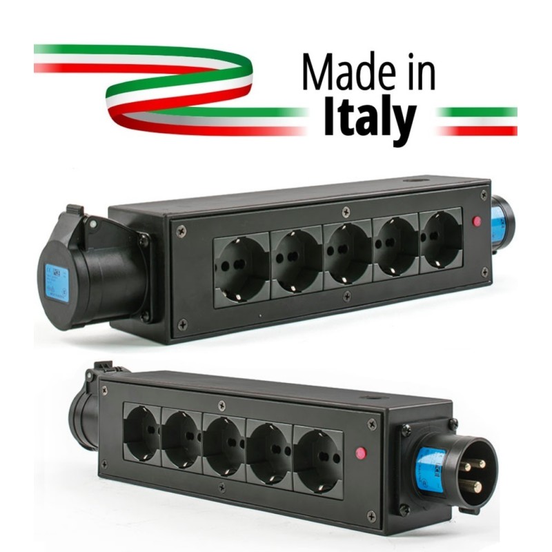 EXTREME POWERBOX NERO CIABATTA ALIMENTAZIONE PALCO MADE IN ITALY SPIA RETE INGRESSO SPINA 16A 3P 5-USCITE UNEL E PRESA LOOP OUT 