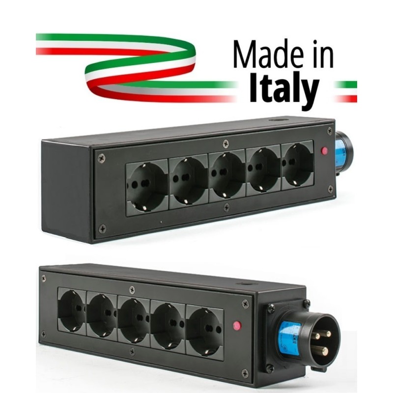 POWERBOX NERO CIABATTA ALIMENTAZIONE PALCO MADE IN ITALY SPIA RETE INGRESSO SPINA 16A 3P+N+T USCITE 5 X SCHUKO 16A 3P IP2X