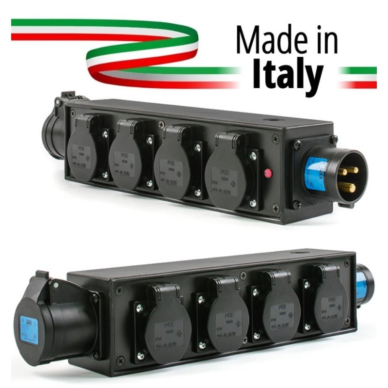 POWERBOX NERO CIABATTA ALIMENTAZIONE PALCO MADE IN ITALY SPIA RETE INGRESSO SPINA 16A 3P 4-USCITE SHUKO 16AMP 3P IP54 E PRESA LO