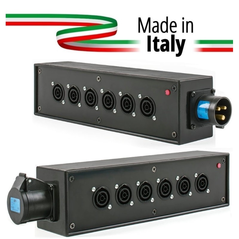 POWER-BOX NERO CIABATTA ALIMENTAZIONE PALCO POWERCON MADE IN ITALY SPIA RETE INGRESSO 16A 3P USCITE 6 POWERCON TRUE1 16A LOOP 16