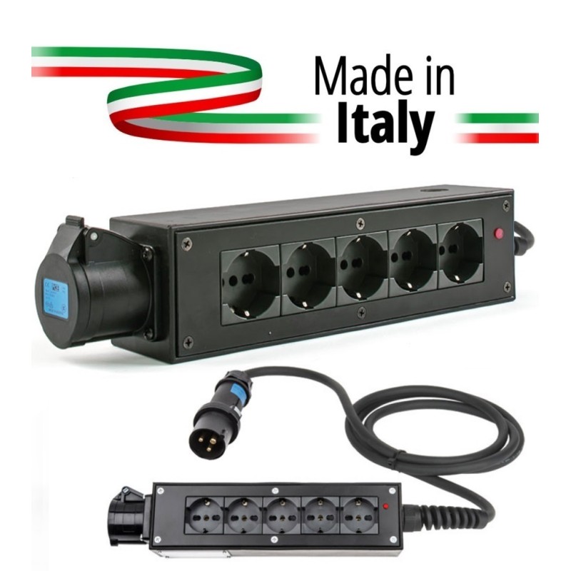 POWERBOX NERO CIABATTA ALIMENTAZIONE PALCO MADE IN ITALY SPIA RETE INGRESSO SPINA VOLANTE 16A 3P 5-USCITE SHUKO E PRESA LOOP OUT