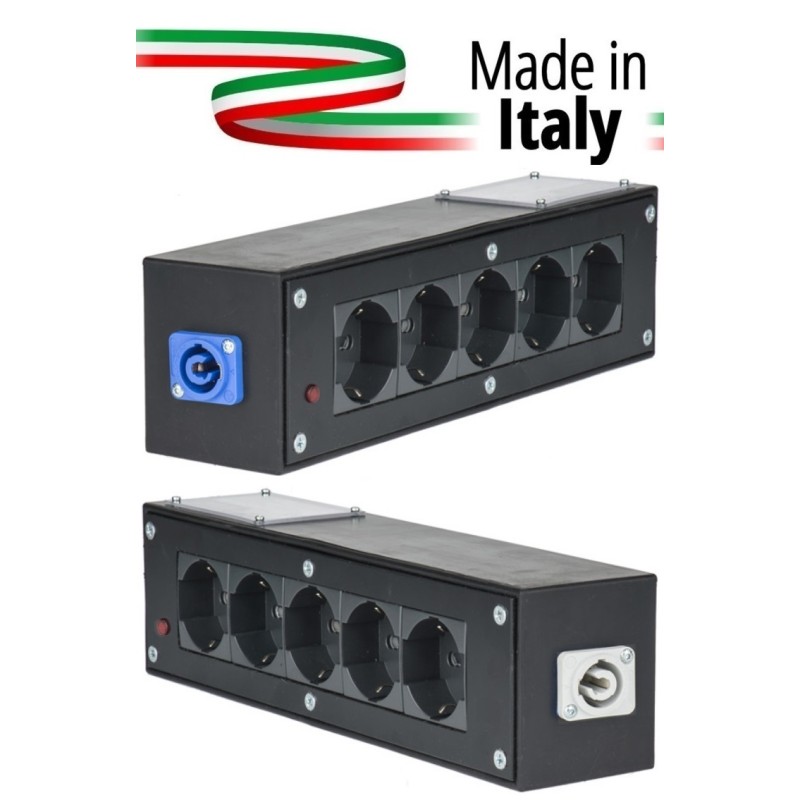 POWER-BOX NERO CIABATTA ALIMENTAZIONE PALCO MADE IN ITALY SPIA RETE INGRESSO NEUTRIK POWERCON BLU 16A 3P POWER-IN USCITE 5 SCHUK