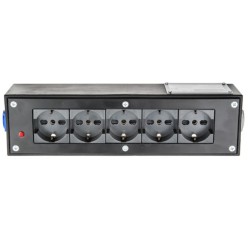 POWER-BOX NERO CIABATTA ALIMENTAZIONE PALCO MADE IN ITALY SPIA RETE INGRESSO NEUTRIK POWERCON BLU 16A 3P POWER-IN USCITE 5 SCHUK