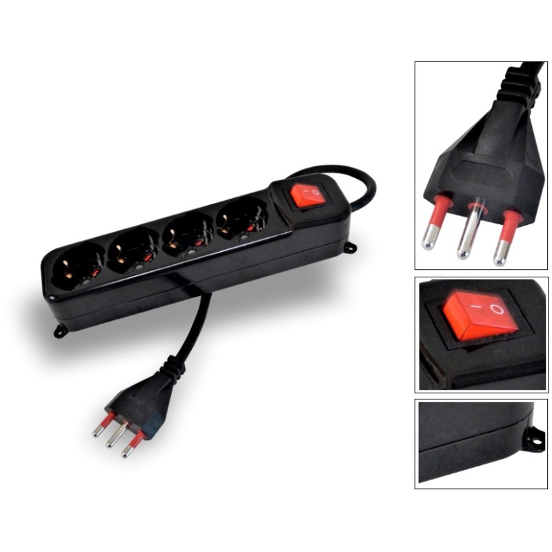CIABATTA MULTIPRESA TRIVALENTE 4 PRESE 10A 16A SCHUKO USCITE 2P+T INTERRUTTORE LUMINOSO CAVO CORRENTE 1.5MT 3X1.5MM2