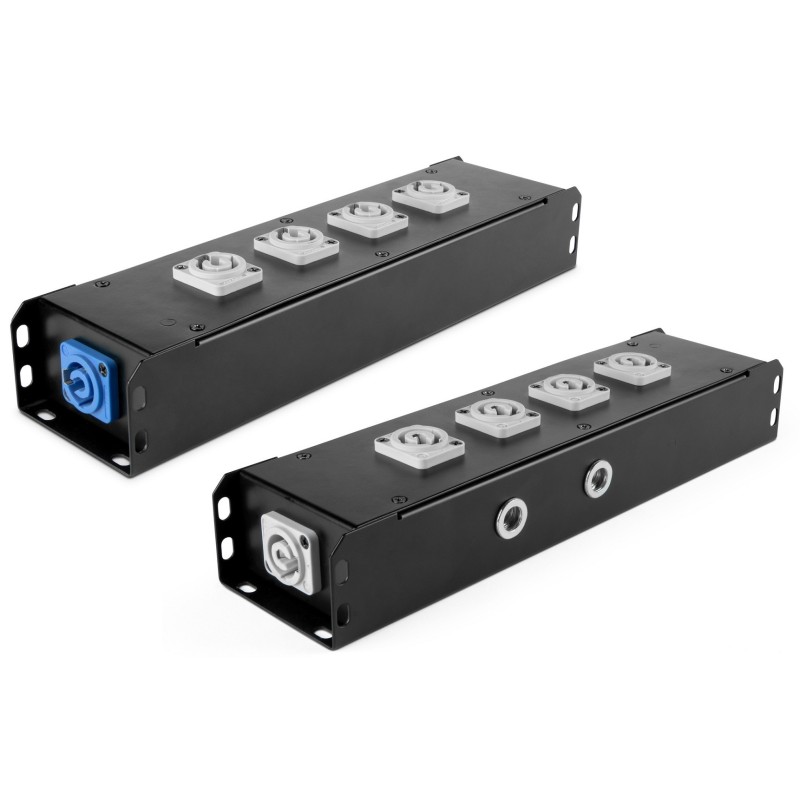 POWER-BOX NERO CIABATTA ALIMENTAZIONE PALCO POWERCON INGRESSO POWER TWIST IN BLU USCITE 4 20AMP POWER TWIST OUT GRIGIO LOOP 20A 