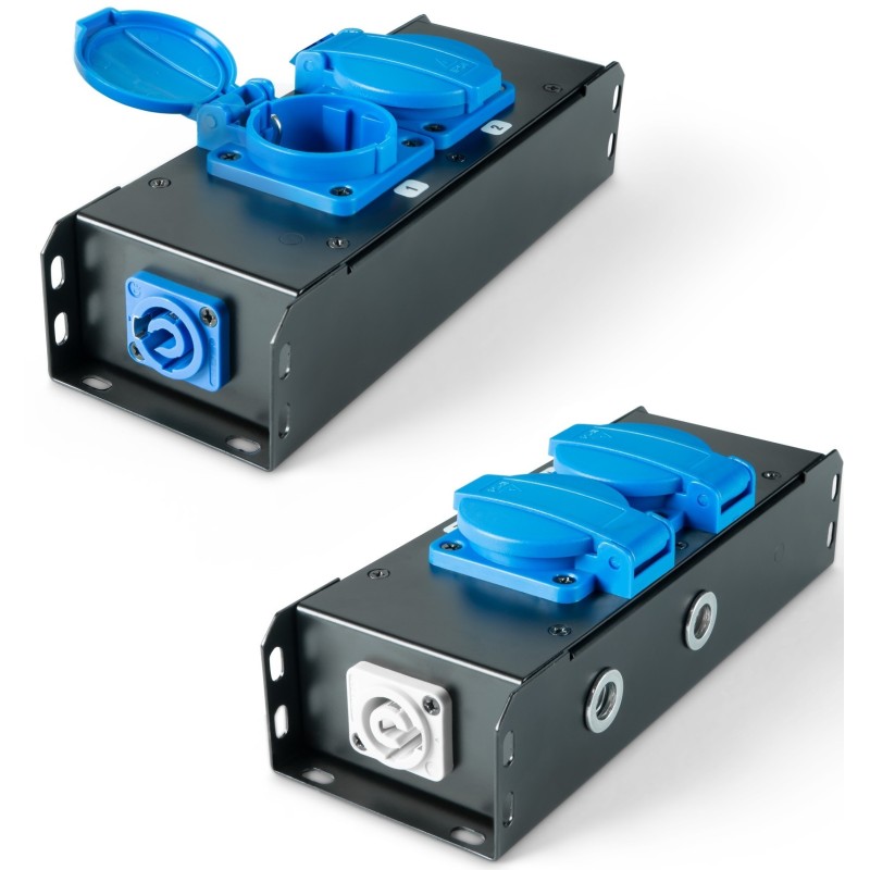 POWER-BOX NERO CIABATTA ALIMENTAZIONE PALCO POWERCON INGRESSO POWER TWIST IN BLU USCITE 2 SCHUKO OUT LOOP 20A POWER-OUT GRIGIO